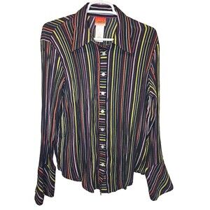 Candela Blouse Black Multicolored Striped Button Up Womens Size 10 100% Polyeste